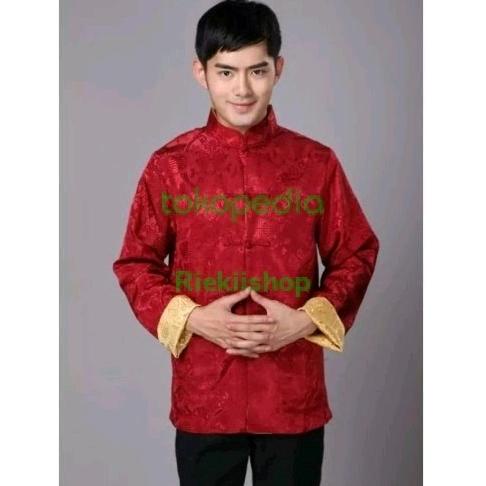 IMLEK - BEST QUALITY - Cheongsam qipao pria maroon kuning navy bolak balik bahan semi sutera