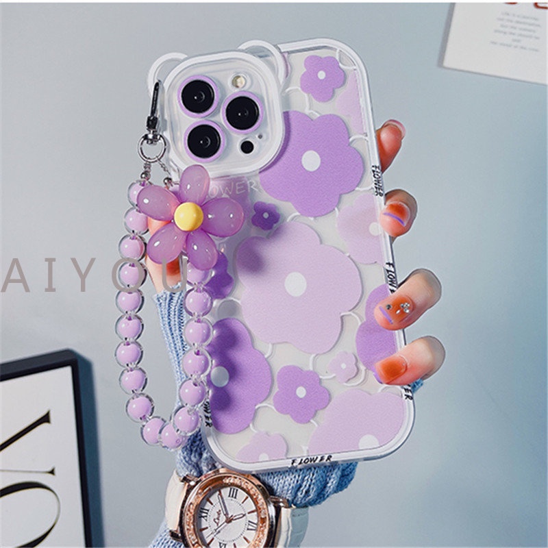 IPHONE Lucu 3D Pelangi Beruang Telinga Bunga Transparan Gantung Telepon Rantai Silikon Case Untuk Iphone14 13 12 11 Pro Max XR XS Bening Soft Cover