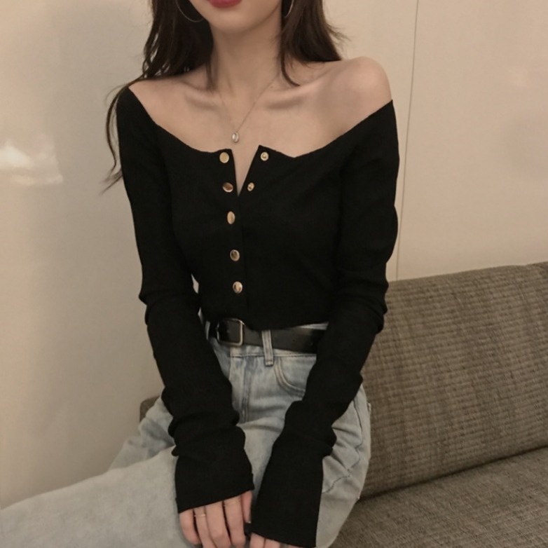 Red 2022 Awal Musim Semi Baru Net Merah Satu Kata Kerah Pendek Seksi Kemeja Dewi Temperamen Slim Lengan Panjang T-shirt