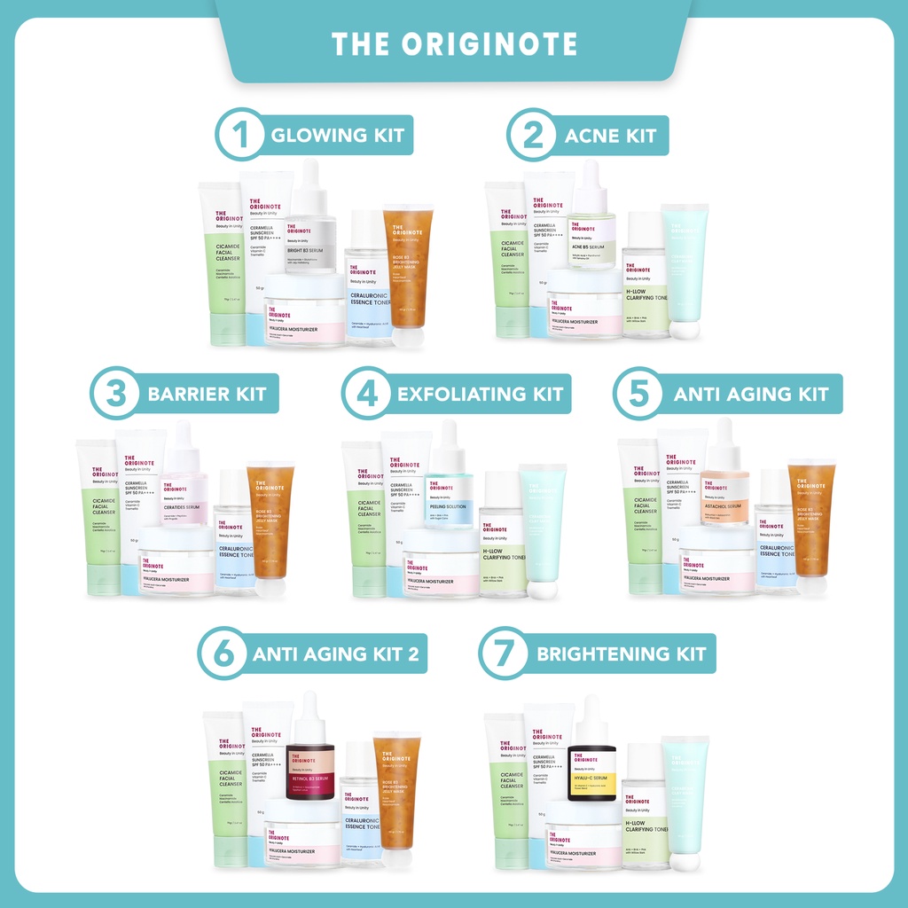 SPECIAL BUNDLE 6in1 The Originote KIT Facial Wash Toner Serum Moisturizer Sunscreen Masker Wajah : ACNE KIT, GLOWING KIT, BARRIER KIT, ANTI AGING KIT, EXFOLIATING KIT, BRIGHTENING KIT