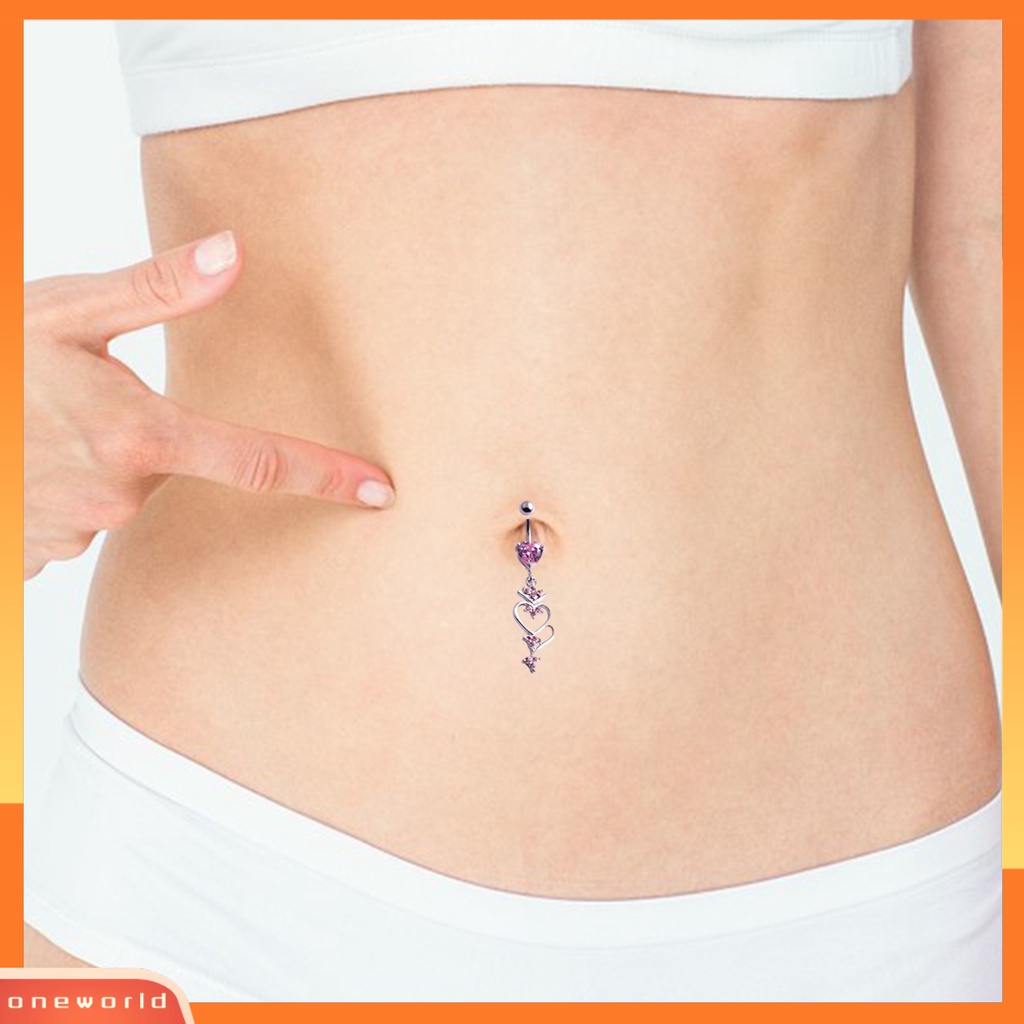 [oneworld] Belly Button Ring Sexy Hypoallergenic Cantik High Gloss Elegan Fashion Perhiasan Stainless Steel Berlian Imitasi Mengkilap Cinta Hati Pusar Tubuh Tindik Menjuntai Cincin Untuk Harian