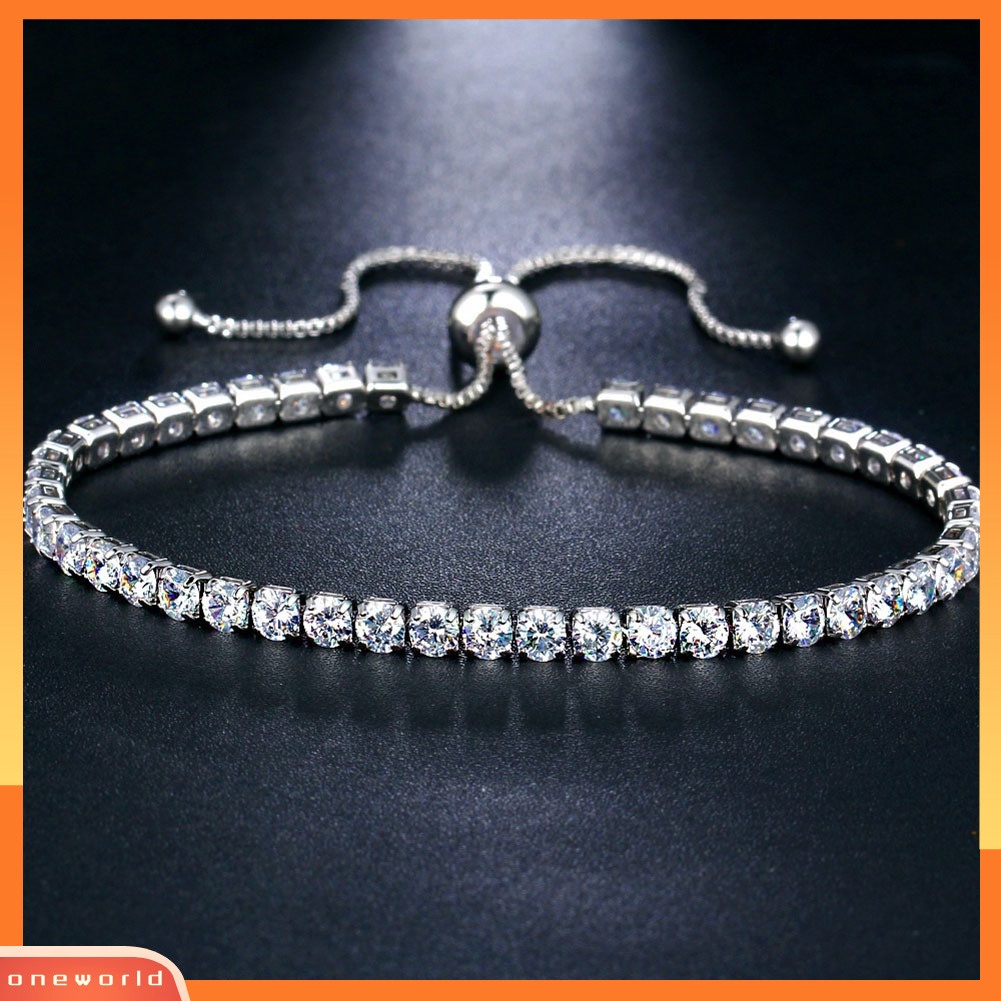 {oneworld} Mewah Cubic Zircon Baris Tunggal Tarik Slider Gelang Wanita Adjustable Bangle