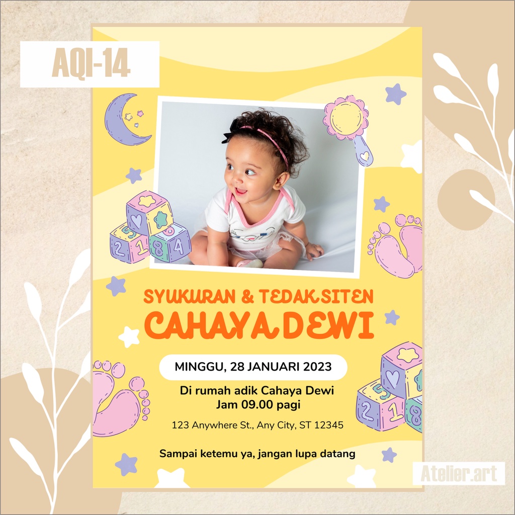 Undangan Digital Aqiqah AQI-14 Softfile Yellow Ukuran A4 | Atelier.Art