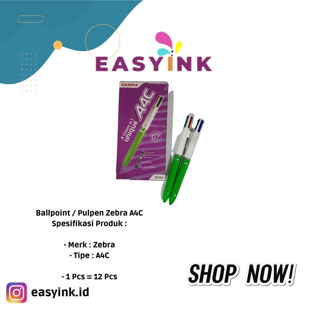 

ZEBRA A-4C MULTIFUNCTION BALLPEN 4 warna Dalam Satu Pulpen (SATUAN)