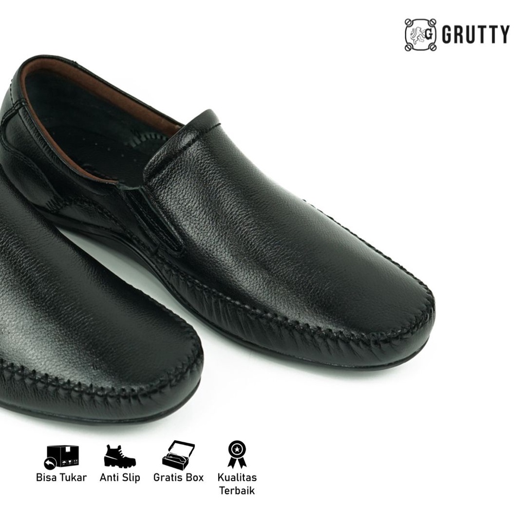 Sepatu Pria Kasual Slip On Kulit Coklat Hitam Grutty JN8810 Lentur dan tidak licin