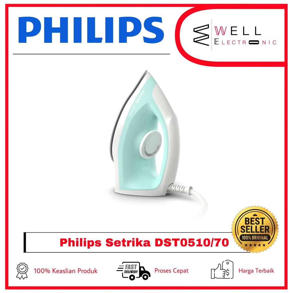 PHILIPS Dry Iron DST0510/70 Tapak Non-stick Setrika Kering DST 0510 Garansi Resmi - Hijau
