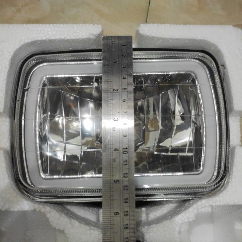 LAMPU HEADLAMP DEPAN MOBIL KOTAK persegi 7 inci  PLUS RING LED BIRU &amp; PUTIH UNIVERSAL