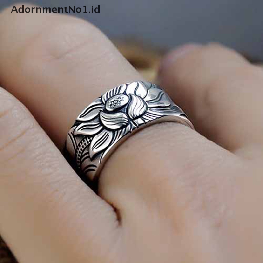 [AdornmentNo1] Perhiasan Silver Cincin Terbuka Bunga Teratai Untuk Pria Sutra Hati Buddha [ID]