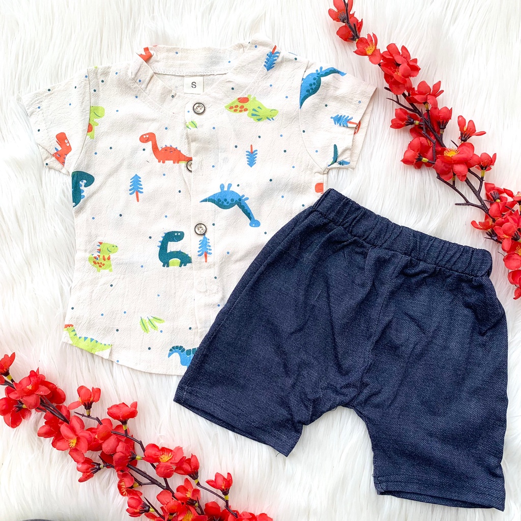 Setelan baju kemeja celana keren babyboy anak bayi lakilaki cowok lucu murah bestseller -IMP DINO DOTS