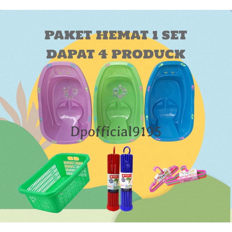 (PAKET HEMAT) 1 SET BAK MANDI BAYI+KERANJANG BAJU+FOLDING 2O STIK+HANGER DORA MINI ISI 12 PCS