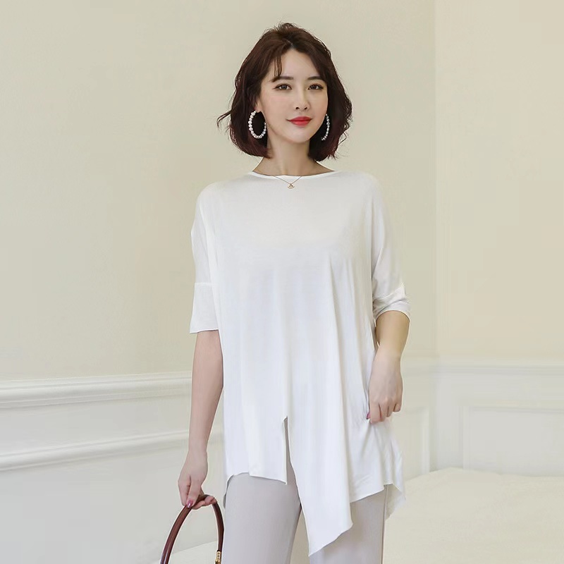 baru! Blus Wanita Katun Modal Katun Longgar Lengan Pendek Irregular Dolman Sleeve T-Shirt Pakaian Kasual