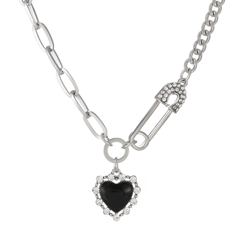 Hitam Cinta Rantai Splicing Kalung Gaya Punk Retro Mewah Penuh Berlian Wanita Liontin Rantai Tulang Selangka