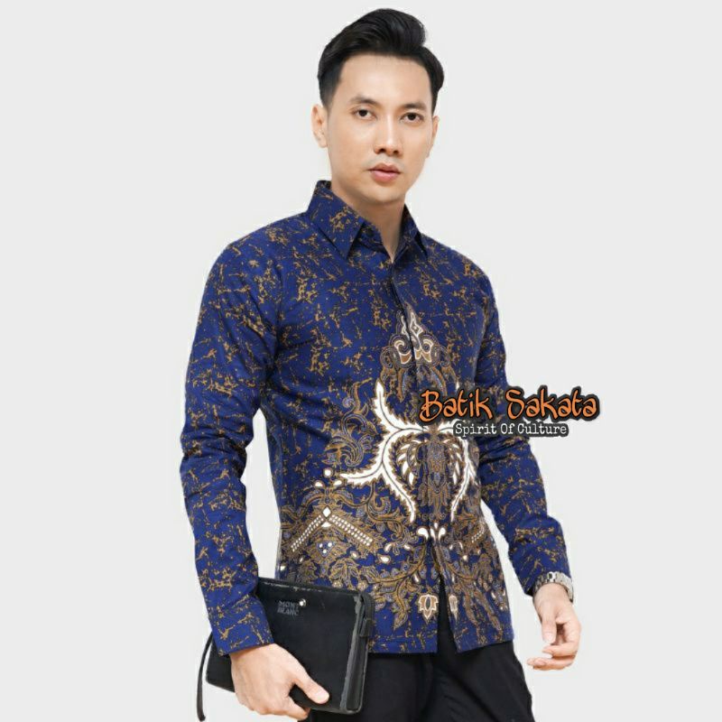 ANDHARU NAVY Kemeja Batik Pria Slimfit Lengan Panjang Bahan Katun Halus Lapis Furing