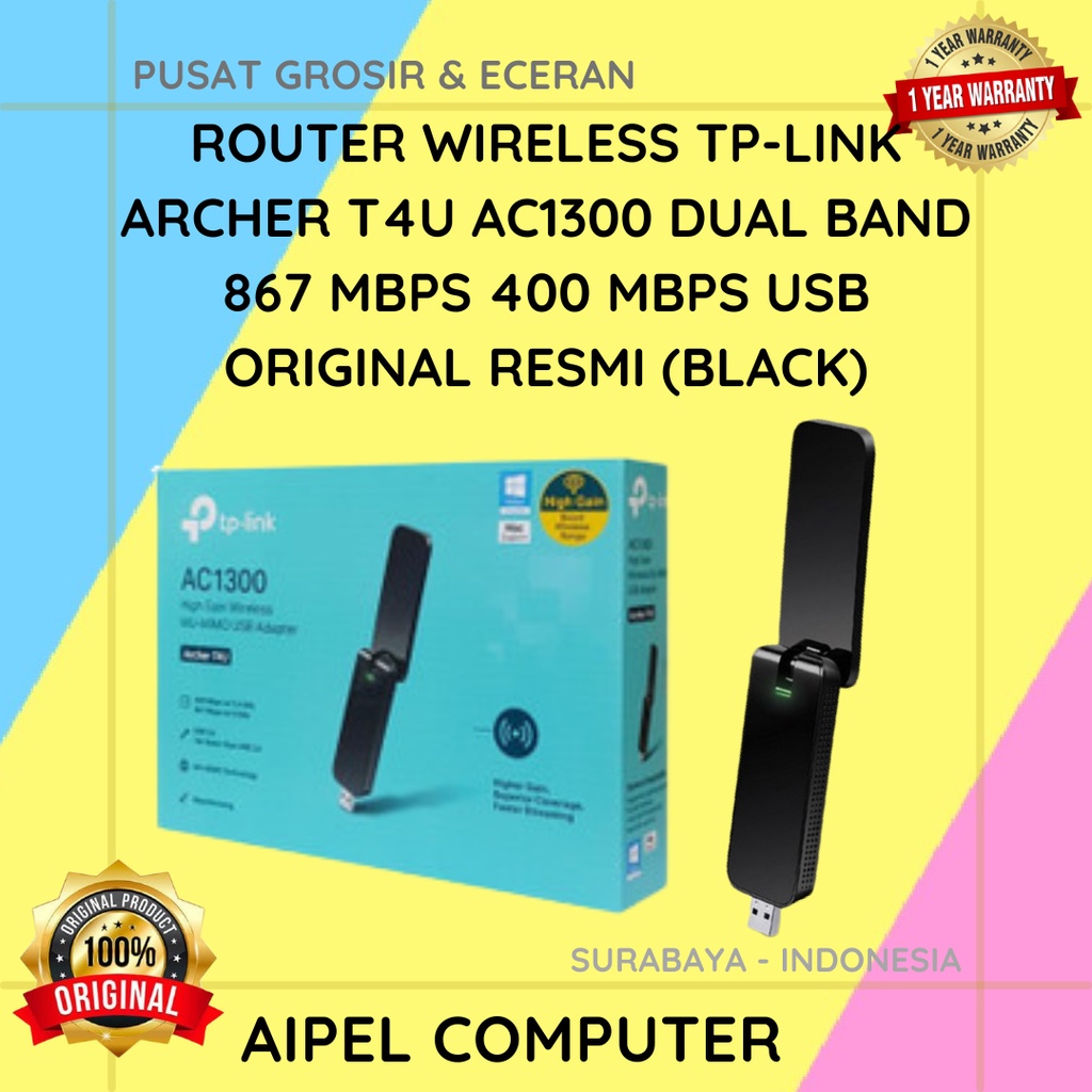 T4U | USB WIFI TP-LINK ARCHER T4U AC1300 DUAL BAND 400 MBPS ORIGINAL RESMI (BLACK)