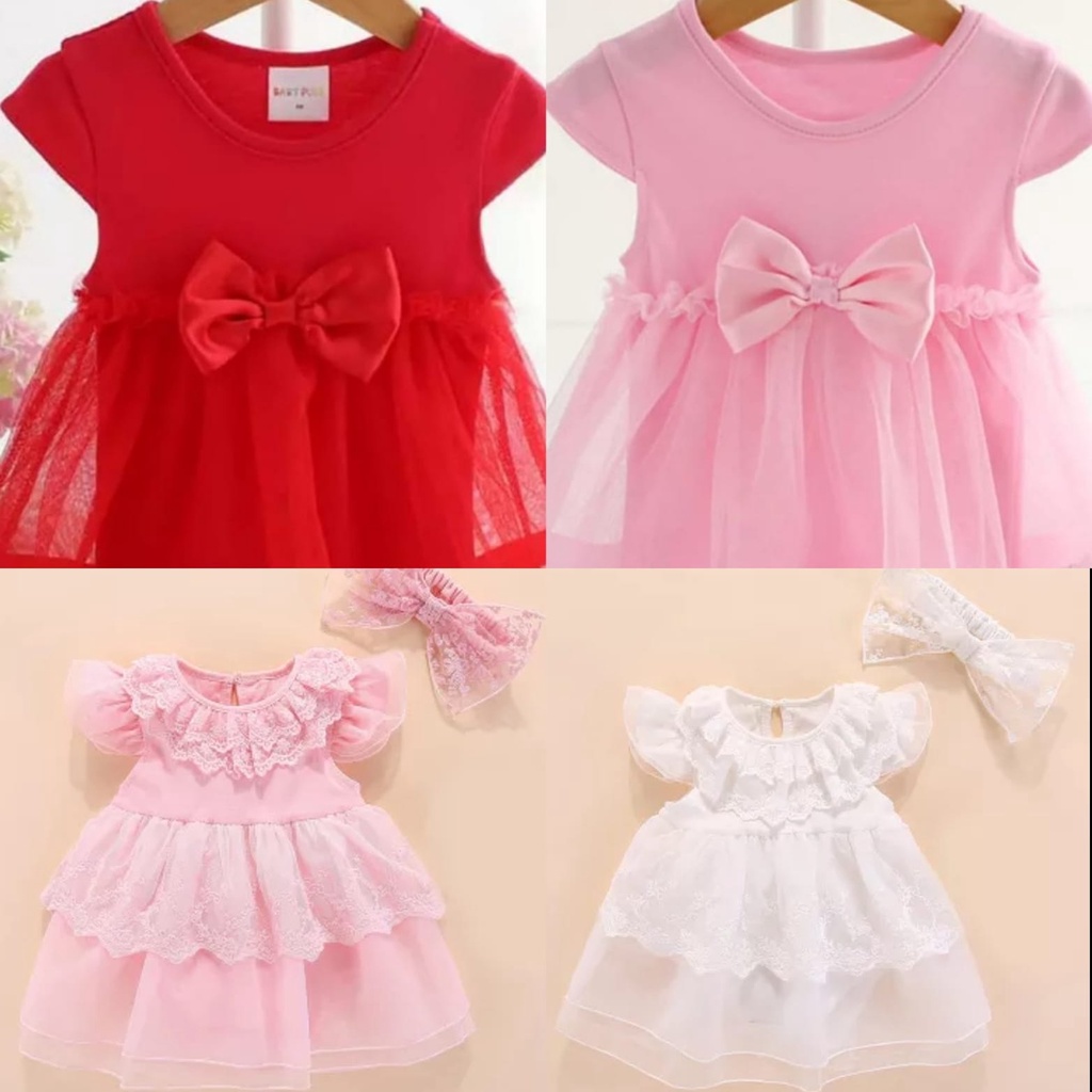 Dress bayi 1-2th import pink putih merah katun premium gaun anak set bandana