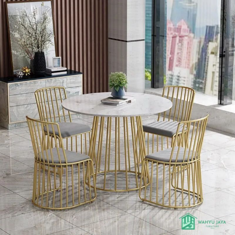 Meja Makan Marmer Bulat 4 Kursi Kaki Stainless
