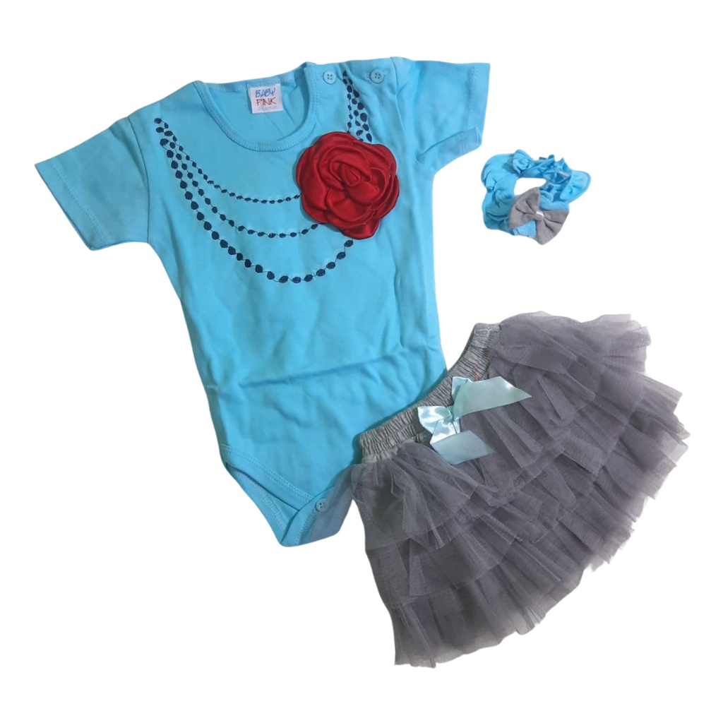 Baju  Bayi Perempuan 3 6 12 Bulan Jumper Set Anak Cewek Cantik Pink Tutu Necklace