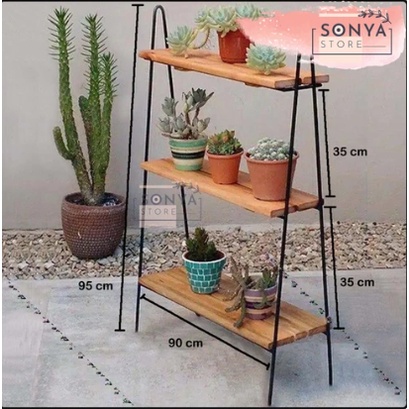 Rak Susun Besi Kayu Bunga Hiasan Taman Minimalis Pot 3 Tingkat