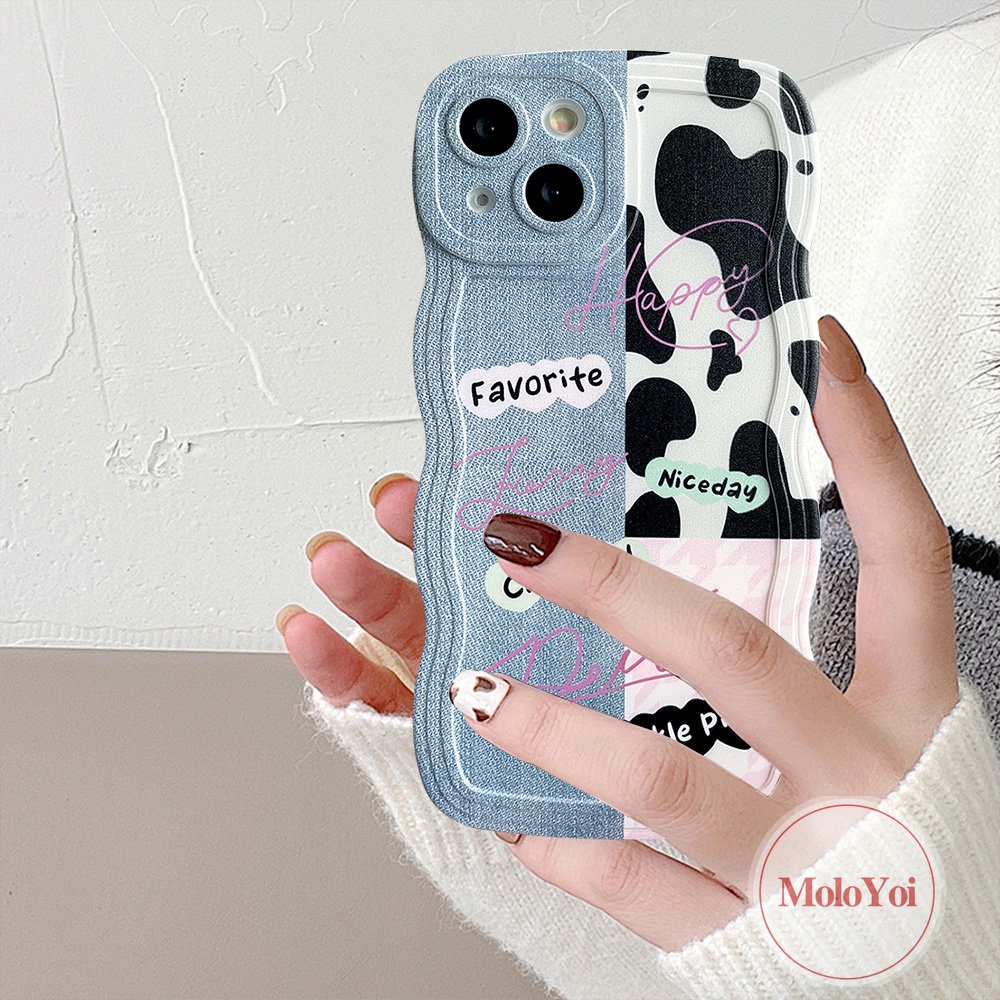 IPHONE Casing Pasangan Tepi Bergelombang Kompatibel Untuk Iphone6 6s 8 7 Plus XR 14 13 12 Pro Max 11 Pro Max 14Plus X XS Max SE 2020motif Denim Splicing Motif Sapi Leopard Lembut TPU Penutup Belakang