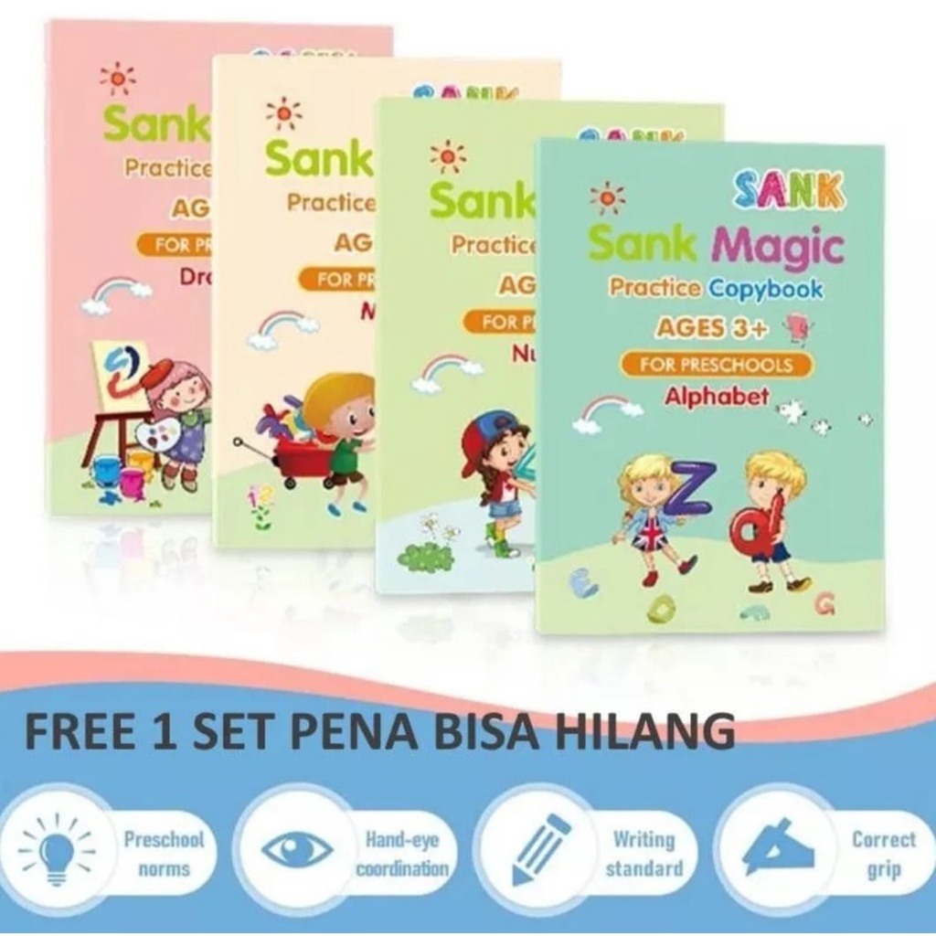 Buku Sank Magic Pratice Book 1 Set Isi 4 Buku dan Pulpen-Buku Belajar Menulis 1 Set 4 Buku+Pen+Refiil Pen-Buku Edukasi Anak Balita Magic Practice Book 1 SET ISI 4