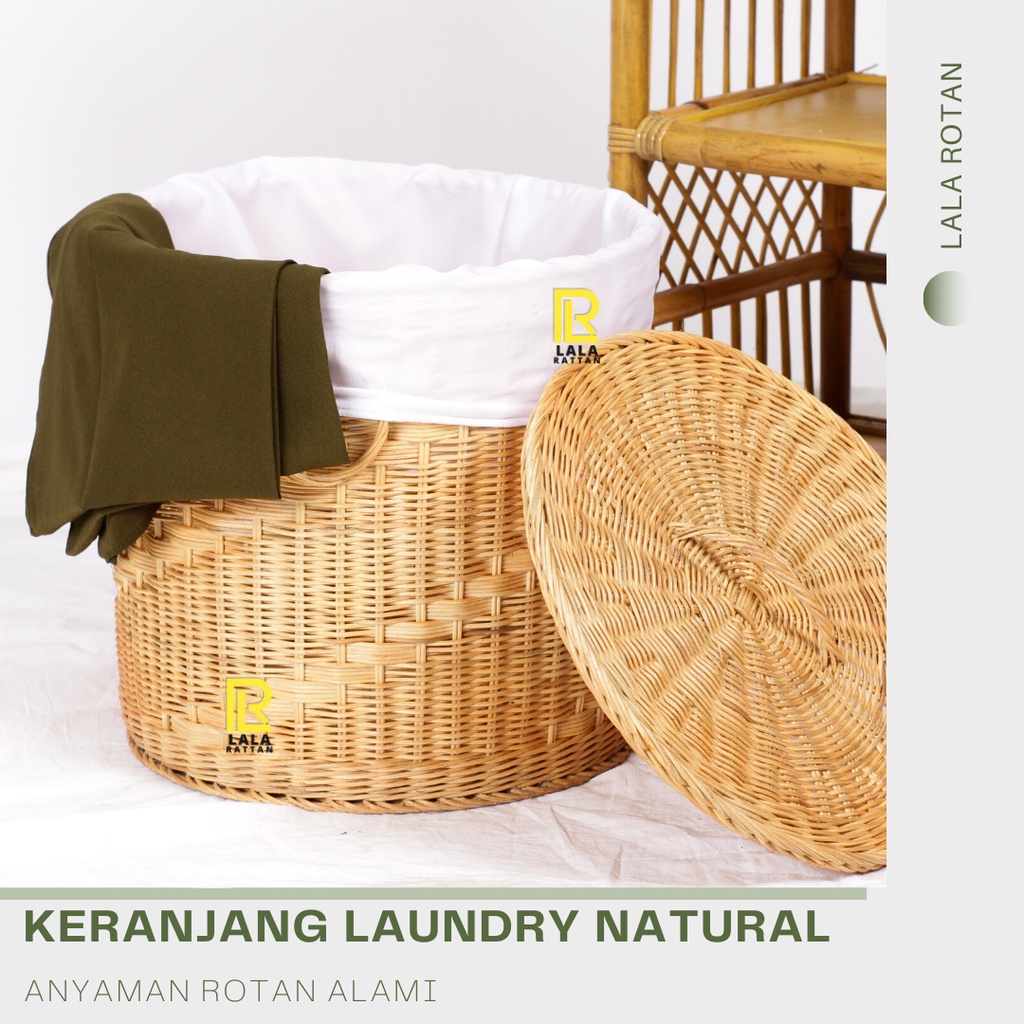 Keranjang Laundry Rotan / Keranjang Baju Kotor Dengan Tutup Dan Kain Serbaguna Anyaman Rotan Asli