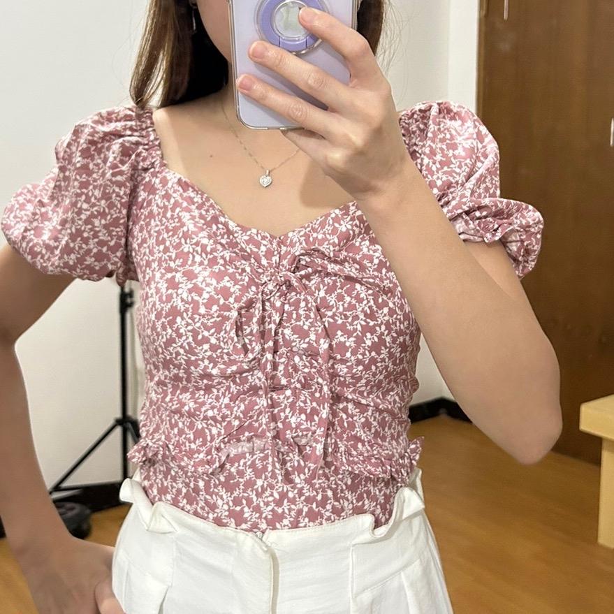 KOREAN STYLE ROSE SABRINA TOP WOLLPEACH BAJU CASUAL ALL SIZE FIT TO L ATASAN MOTIF BUNGA MODEL KOREA