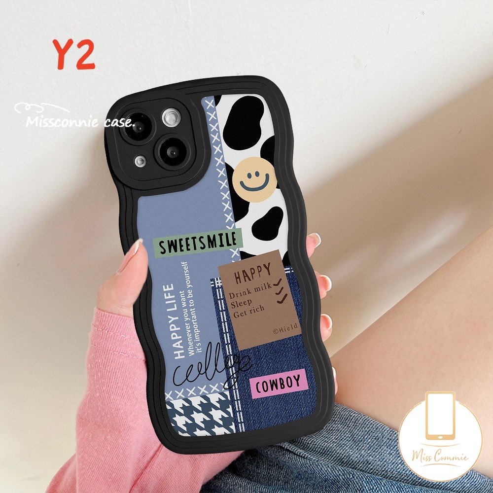 IPHONE Casing Soft Wavy Edge Case Kompatibel Untuk Iphone14 11 13 12 Pro Max6 6s 8 7 Plus XR 14Plus X XS Max SE 2020 Motif Kupu-Kupu Splicing Smiley Label Case
