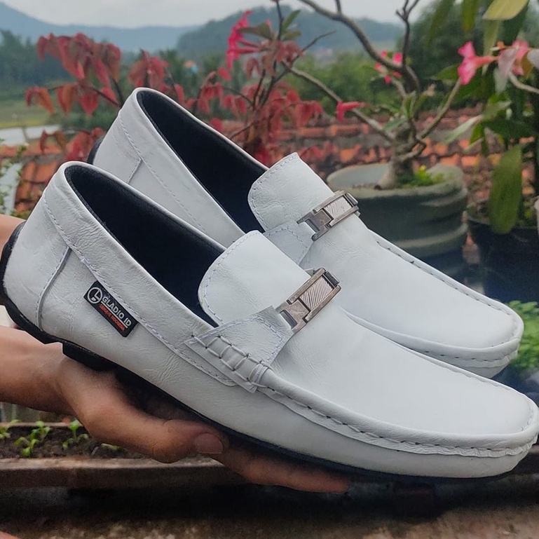 ENOZ X ROVER - Slop Putih Pria Kulit Asli Kasual Original Handmade Sepatu Slip On Pantofel Moccasin Casual Santai Formal Gaya Modis Nikahan Santai