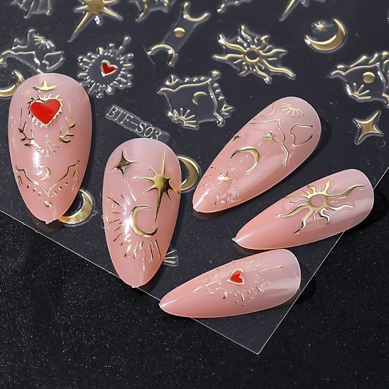 Stiker Nail Art Reflektif Bronzing 3D/Sun Moon Stars Hearts Self-adhensive Nail Decals