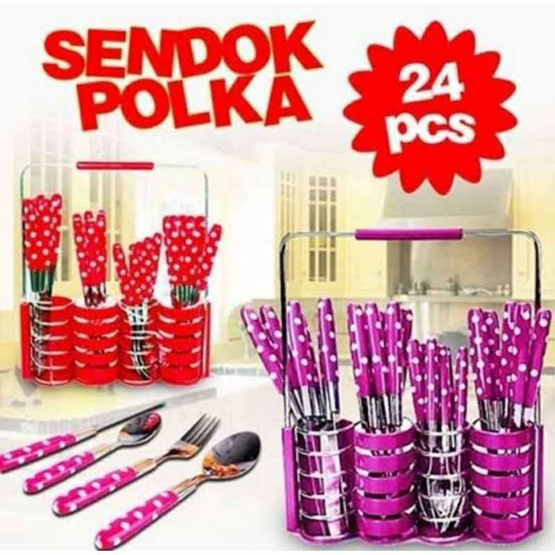 Sendok Set Warna Polkadot 24pcs Sendok Garpu Set Alat Makan