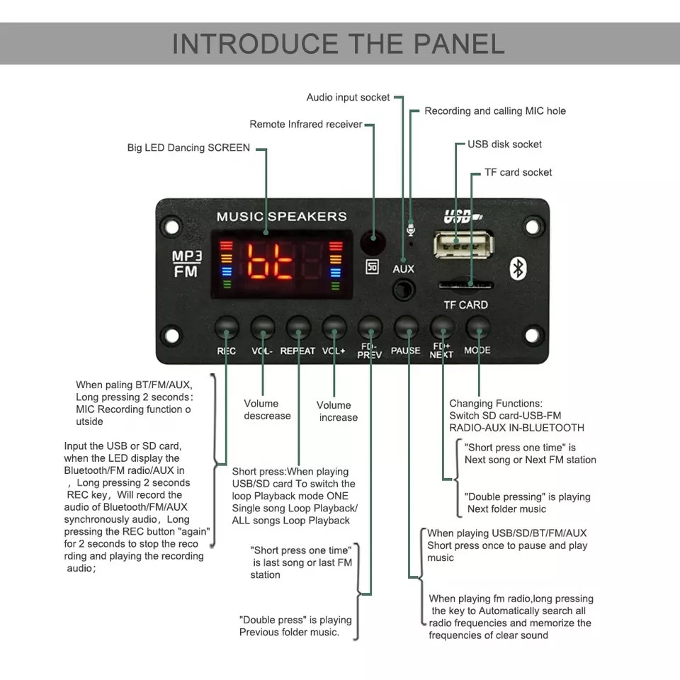 Amplifier Stereo MP3 Player USB FM Board Bluetooth 12V Recording 2x25W