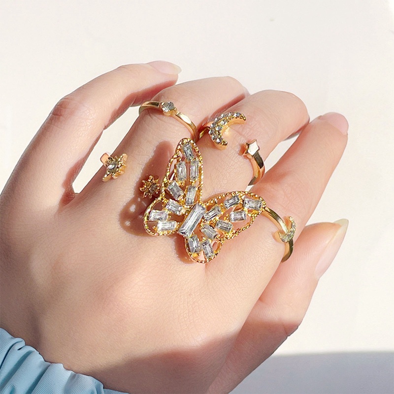 5pcs/set Cincin Bohemian Gelombang Bunga Untuk Wanita Vintage Geometris Mutiara Butterfly Metal Chain Knuckle Rings