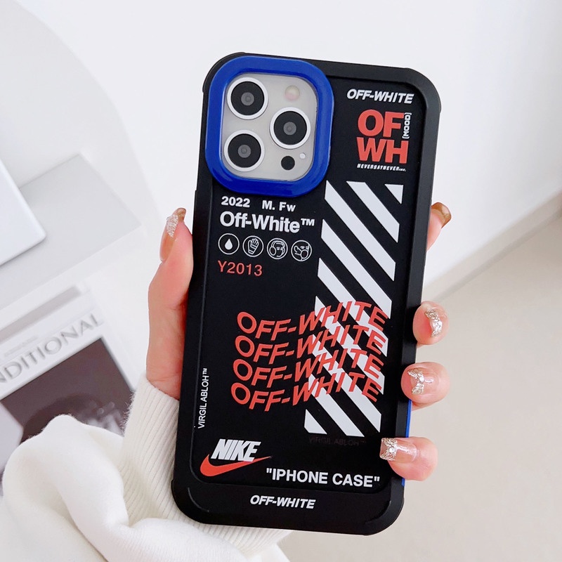 IPHONE Casing Kamera Plating Biru Dan Orange OFF WHITE Mewah Untuk Iphone14 13 12 11 Pro Max 14Plus Shockproof Armor Cover HD Bening Keras Akrilik Penutup Belakang