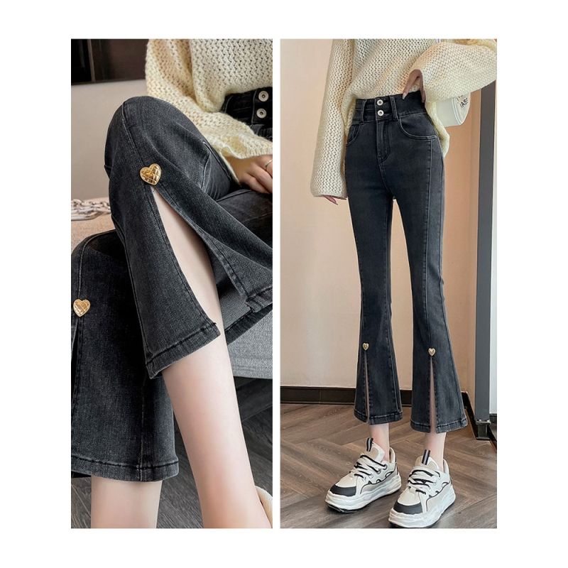 Red Musim semi dan musim gugur biru abu-abu elastis micro flared jeans wanita celah baru pinggang tinggi ramping delapan atau sembilan poin longgar versi Korea all-match