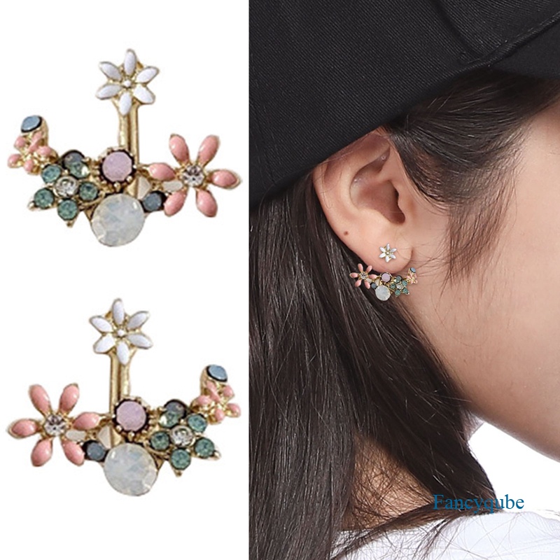 Korea Hot Fashion Perhiasan Segar Lucu Kait Drop Oil Flower Stud Earrings Anting Kristal Untuk Wanita