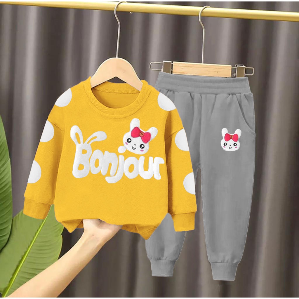 setelan sweater bayi anak motif bonjour kelinci usi 6 bulan-5 tahun bahan babyterry