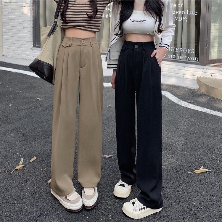 Khaki / Hitam Highwaist Kasual Loose Celana Panjang Wanitan / Celana Setelan Korea Style