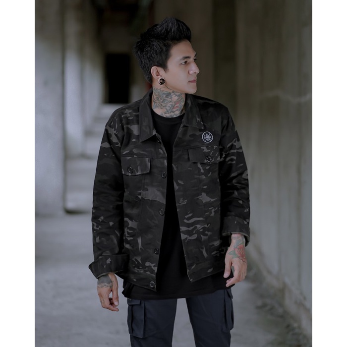 jaket pria Jaket Parka Camo Pria Jacket Loreng Hitam Casual Canvas Adem Premium - Hitam, L(E8D4) Jak