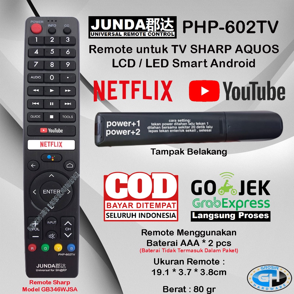 REMOT TV PENGGANTI UNTUK SHARP AQUOS LCD LED SMART ANDROID JUNDA 602 TV REPLACEMENT REMOTE CONTROL