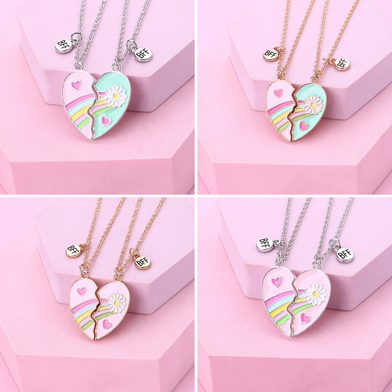 2pcs/set Lucu Warna-Warni Pelangi Bentuk Hati Liontin Rantai Sahabat Kalung Bff Persahabatan Anak Perhiasan Hadiah Untuk Perempuan