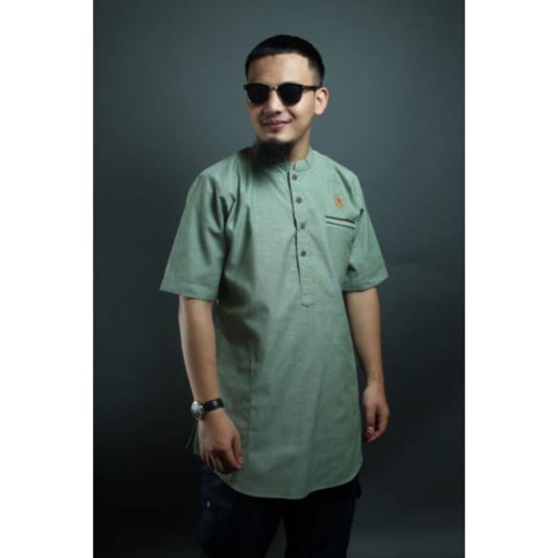 Baju Koko kurta gamis Pakistan Al amwa lengan pendek kerah sanghai motif polos cotton Hijau SAGE - S