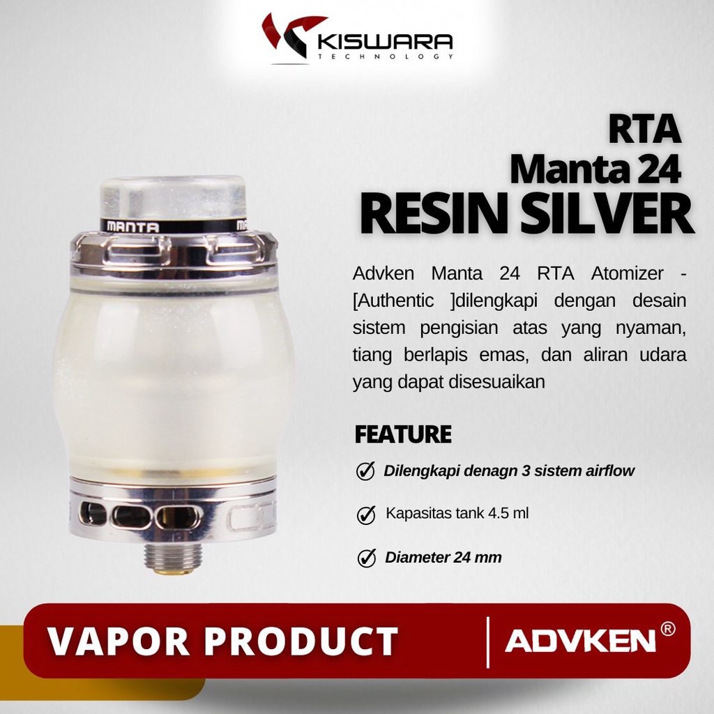 Advken Manta 24 RTA Atomizer - RESIN SILVER [Authentic] KiswaraBandung