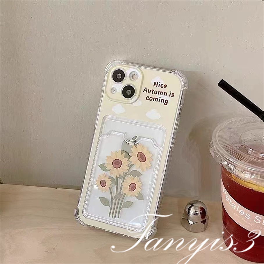 Compatible For IPhone 14 13 12 11 Pro Max X XR Xs Max 8 7 Plus SE 2020 Kompatibel Untuk Cute Sunflower Card Holder Phone Case Bening TPU Soft Cover Pelindung