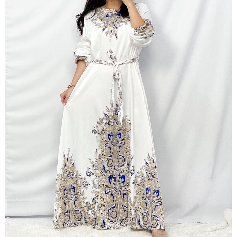 Ivory Maxi Long Dress Satin Import Lengan Panjang Gamis Bangkok