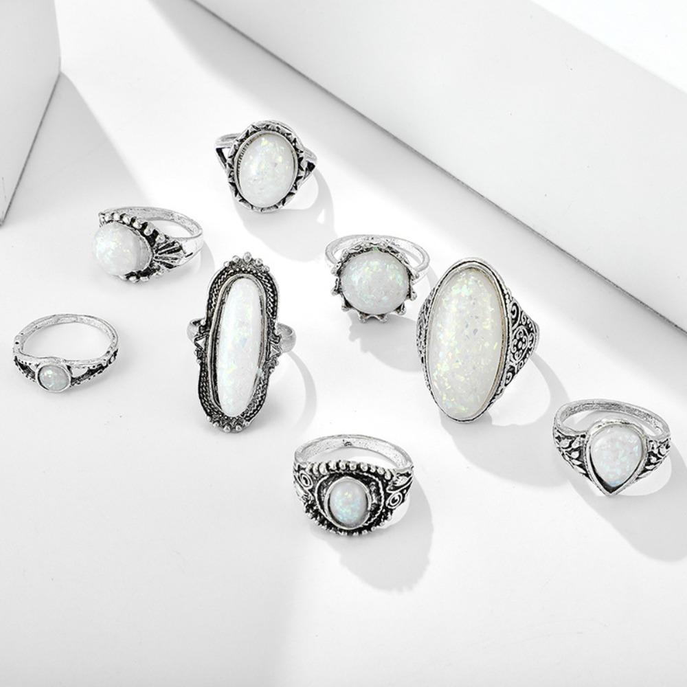 Mxbeauty Cincin Batu Pirus Fashion 8pcs /set Vintage Geometri Fashion Perhiasan Persegi Unisex Moonstone Gaya Korea Ring