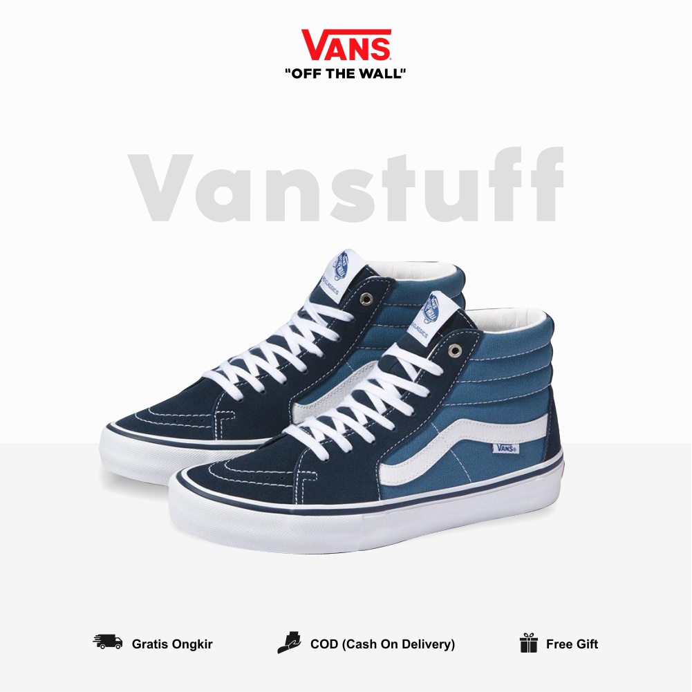 Vans Classic SK8 Hi Navy White PRO Pria Wanita Original 100% BNIBWT Ori Authentic Vanss High Navy Blue Global Market