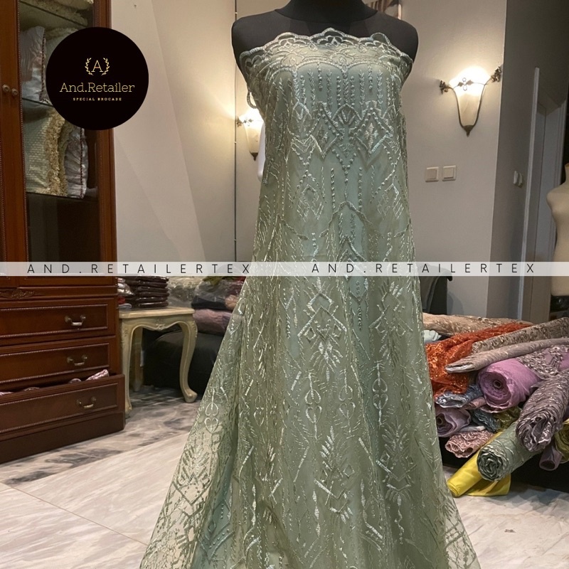 Bahan Kebaya Brokat Tile Etnic Madeline Warna Sage Green