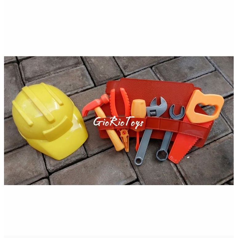 Mainan Tool Set Perkakas Peralatan Tukang Bangunan Lengkap Ada Helm Dan Sabuk / Mainan Anak Tukang T