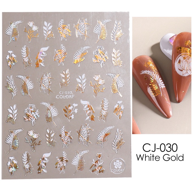 GELASA Stiker Kuku Nail Art Sticker Flower Mix Gold &amp; White Foil Hologram semi3D series CJ