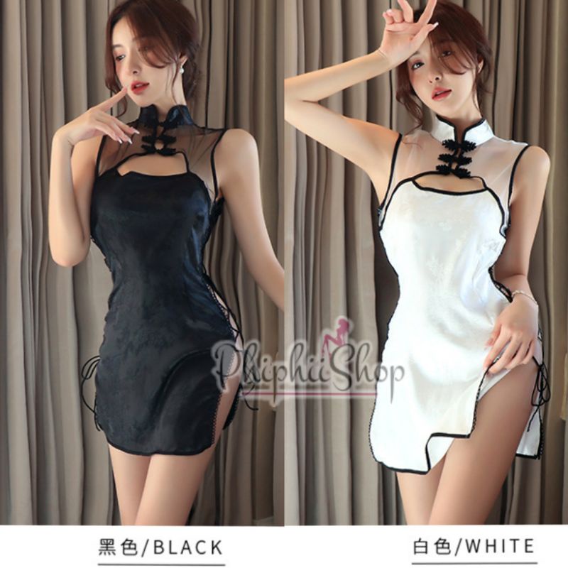 Cosplay Lingerie Satin Dress Cheongsam Qipao China Tali samping Hitam Putih